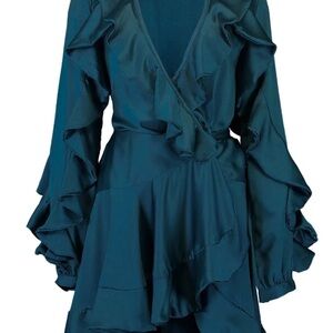 PatBO Teal Long Sleeve Ruffle Wrap Dress